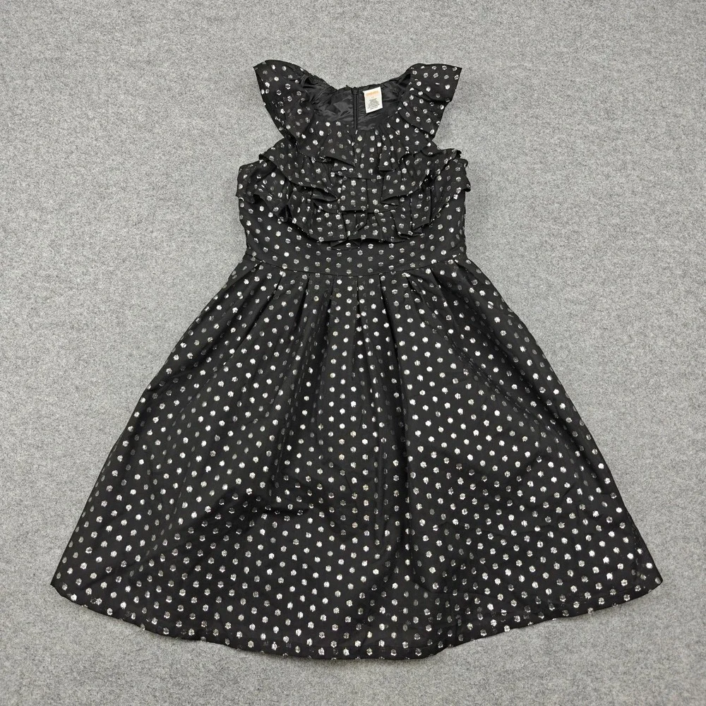 Gymboree Dress Girls 10 Black Metallic Polka Dot Ruffle Fit & Flare Party Formal